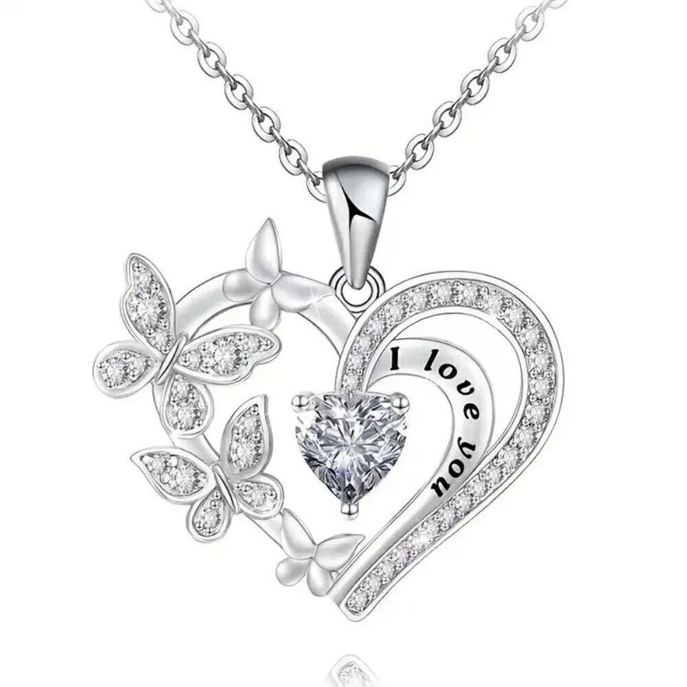 NWT Silver White “I Love You“ Heart Butterflies Bling Bling Rhinestones Necklace